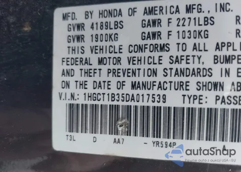 2013 Honda Accord Lx-S из США, поврежденный, VIN 1HGCT1B35DA017539